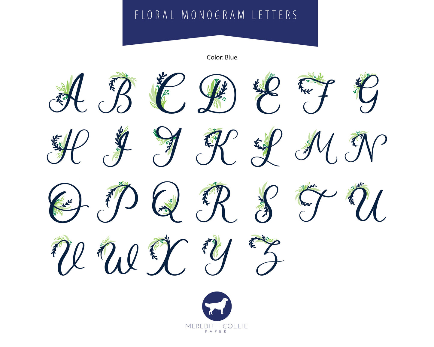 Floral Monogram Letters Blue / Meredith Collie Paper