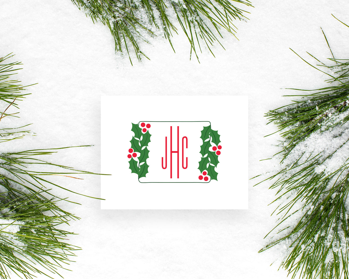 Square Holly Branch Holiday Monogram Folded Stationery