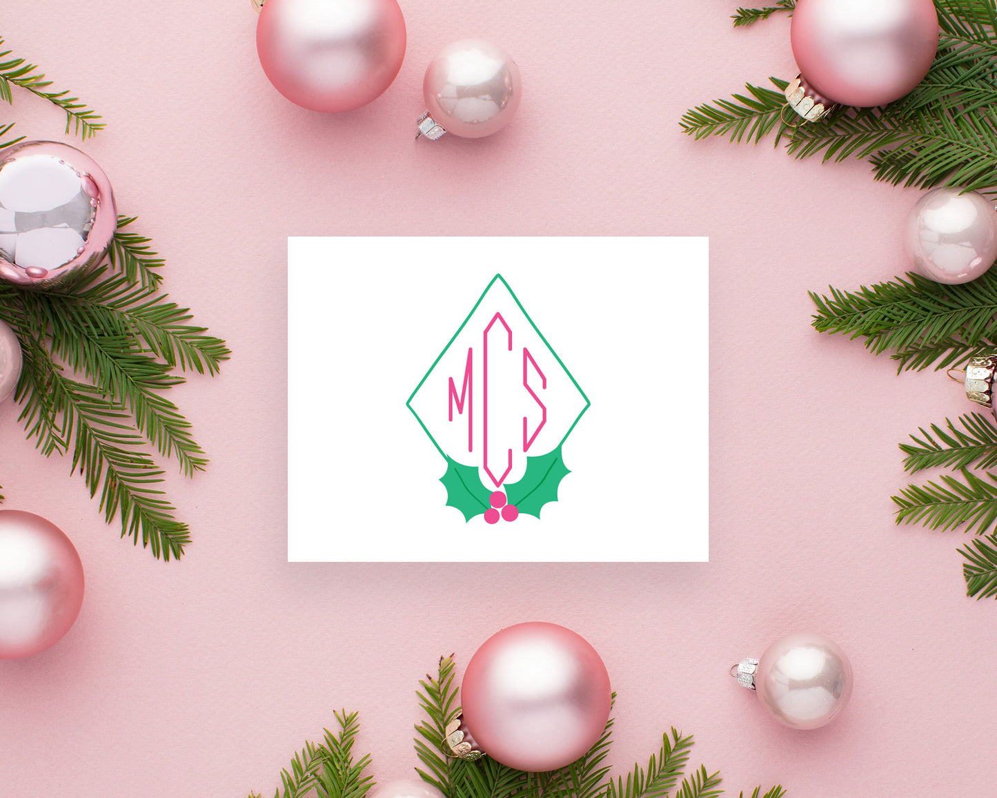 Diamond Holly Leaves Holiday Monogram Folded Stationery