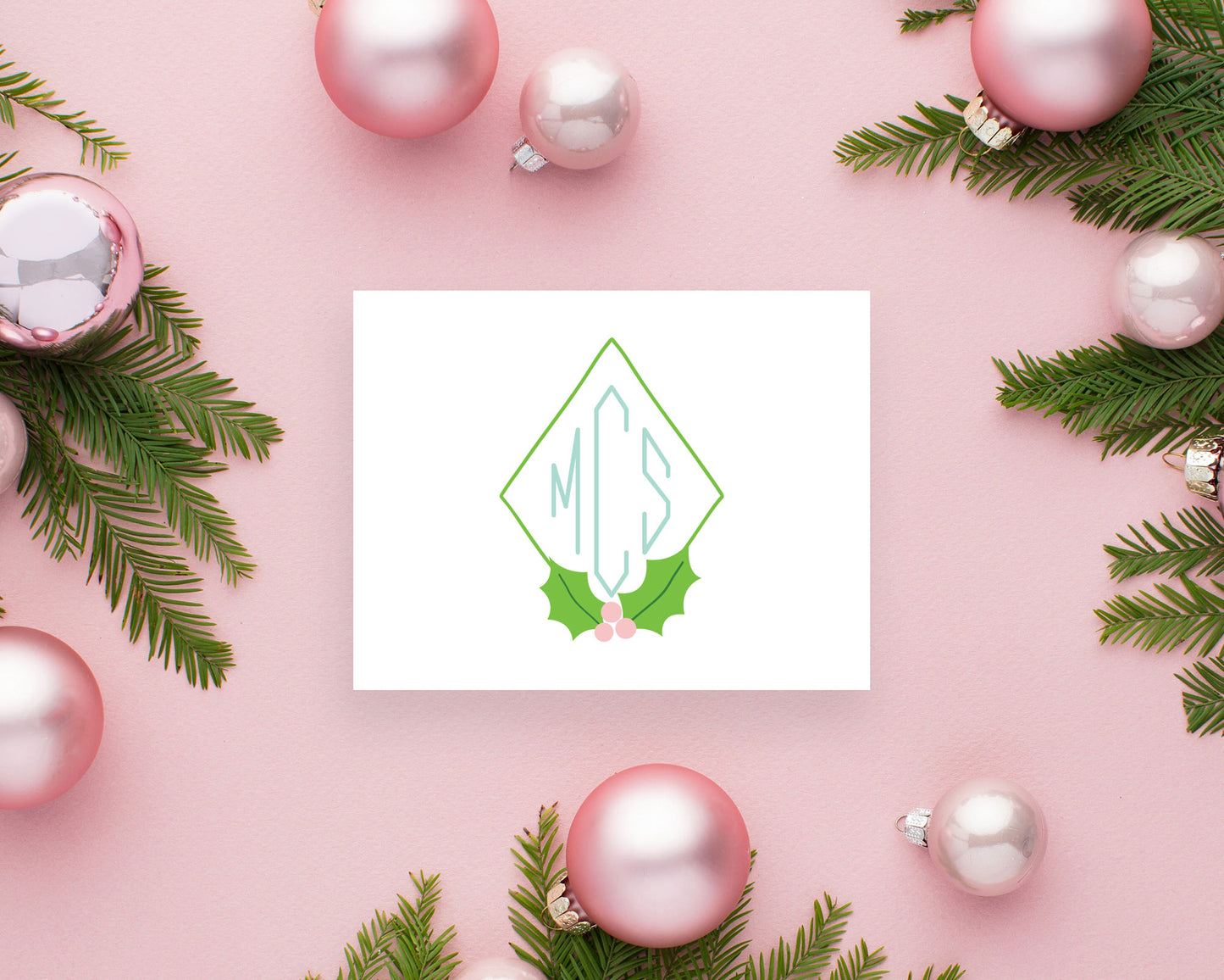 Diamond Holly Leaves Holiday Monogram Folded Stationery