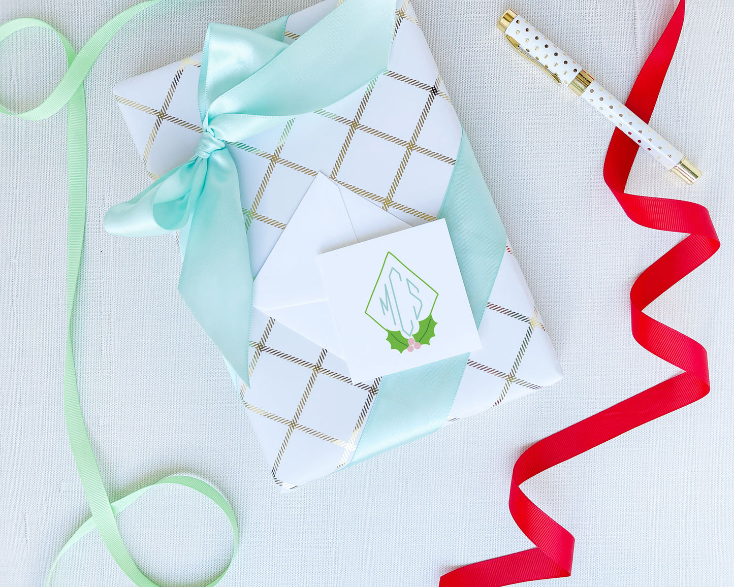 Diamond Holly Leaves Holiday Monogram Folded Enclosure Cards
