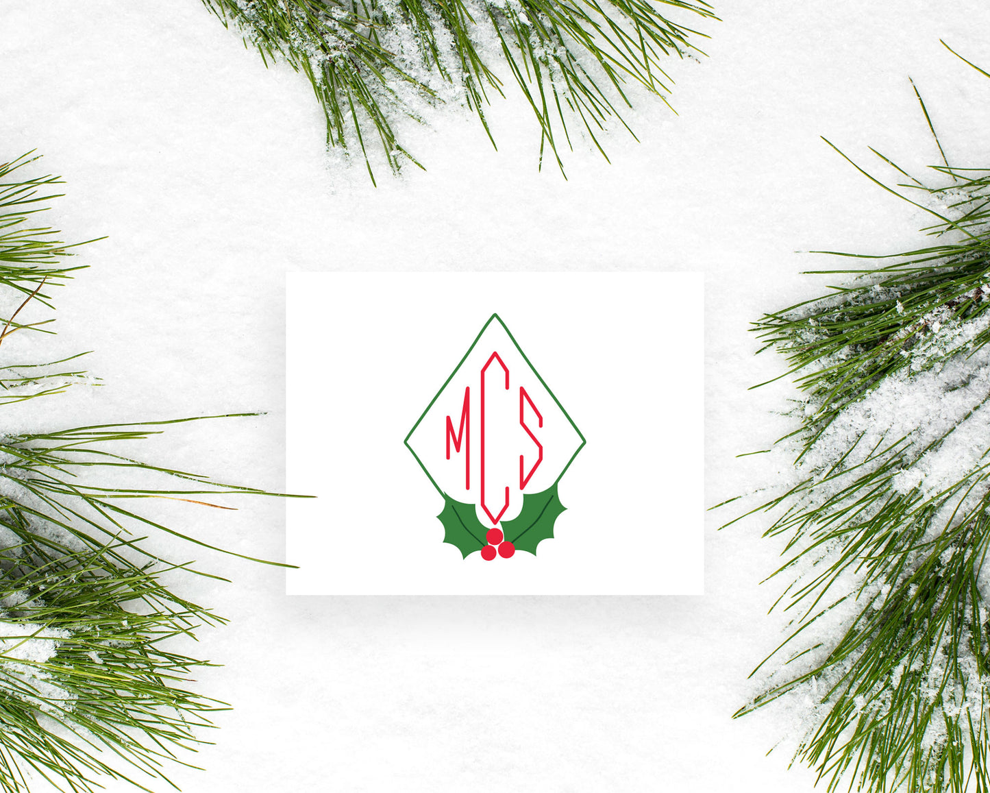 Diamond Holly Leaves Holiday Monogram Folded Stationery