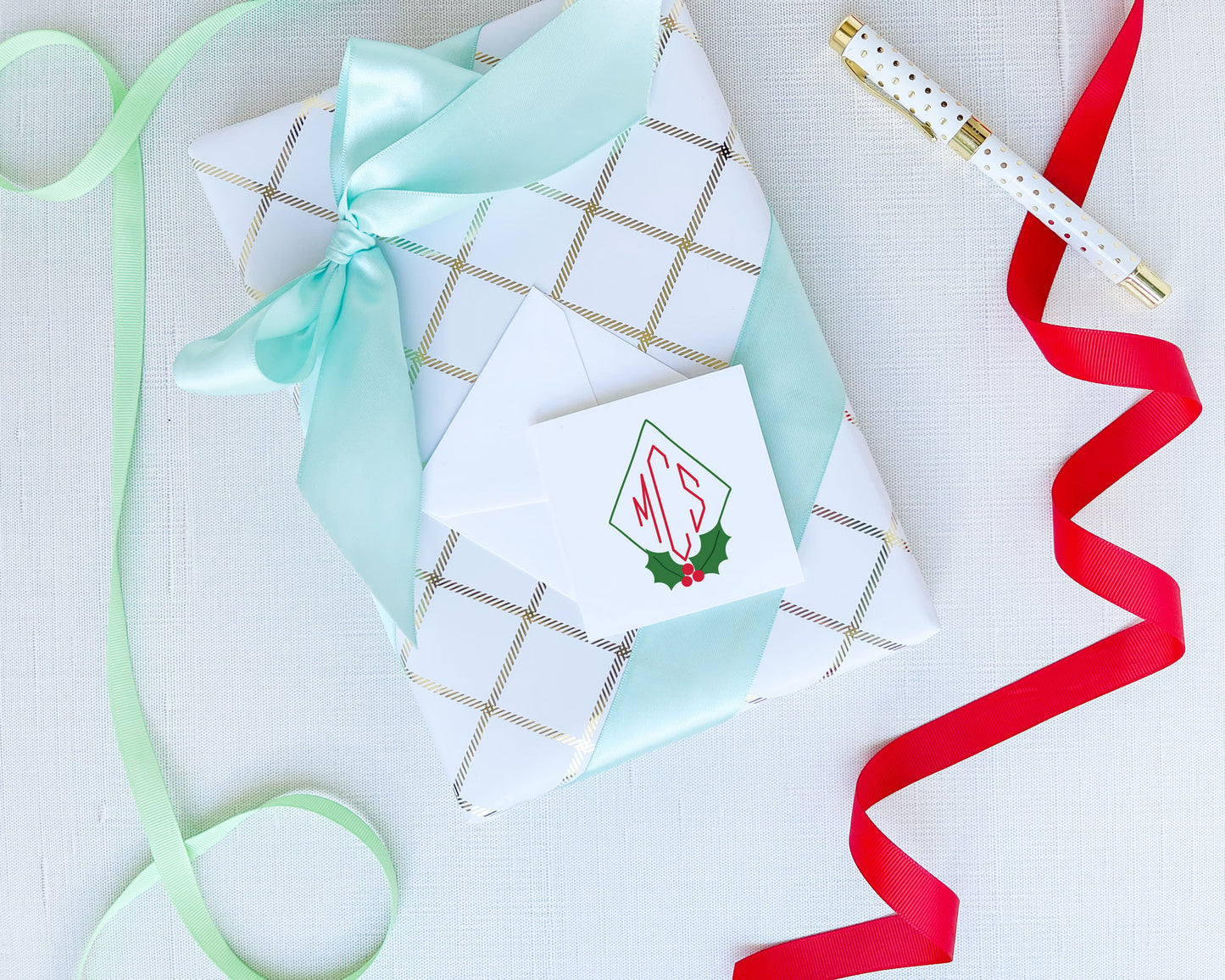 Diamond Holly Leaves Holiday Monogram Folded Enclosure Cards