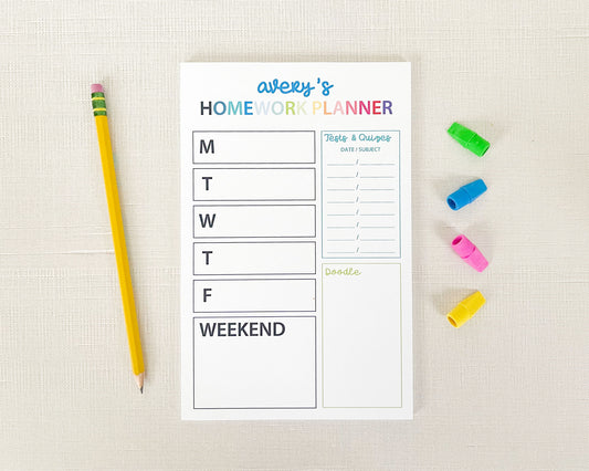 Personalized homework notepad, notepad for kids, weekly school assignment  tracker, Meredith collie paper, 