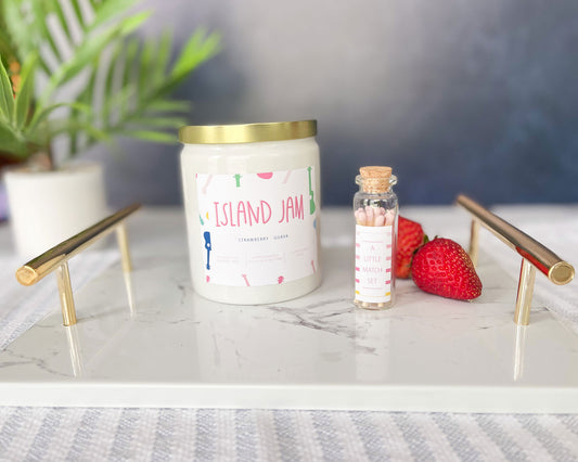 island jam candle, strawberry guava scent, candle match gift set, soy wax candle, Meredith Collie paper