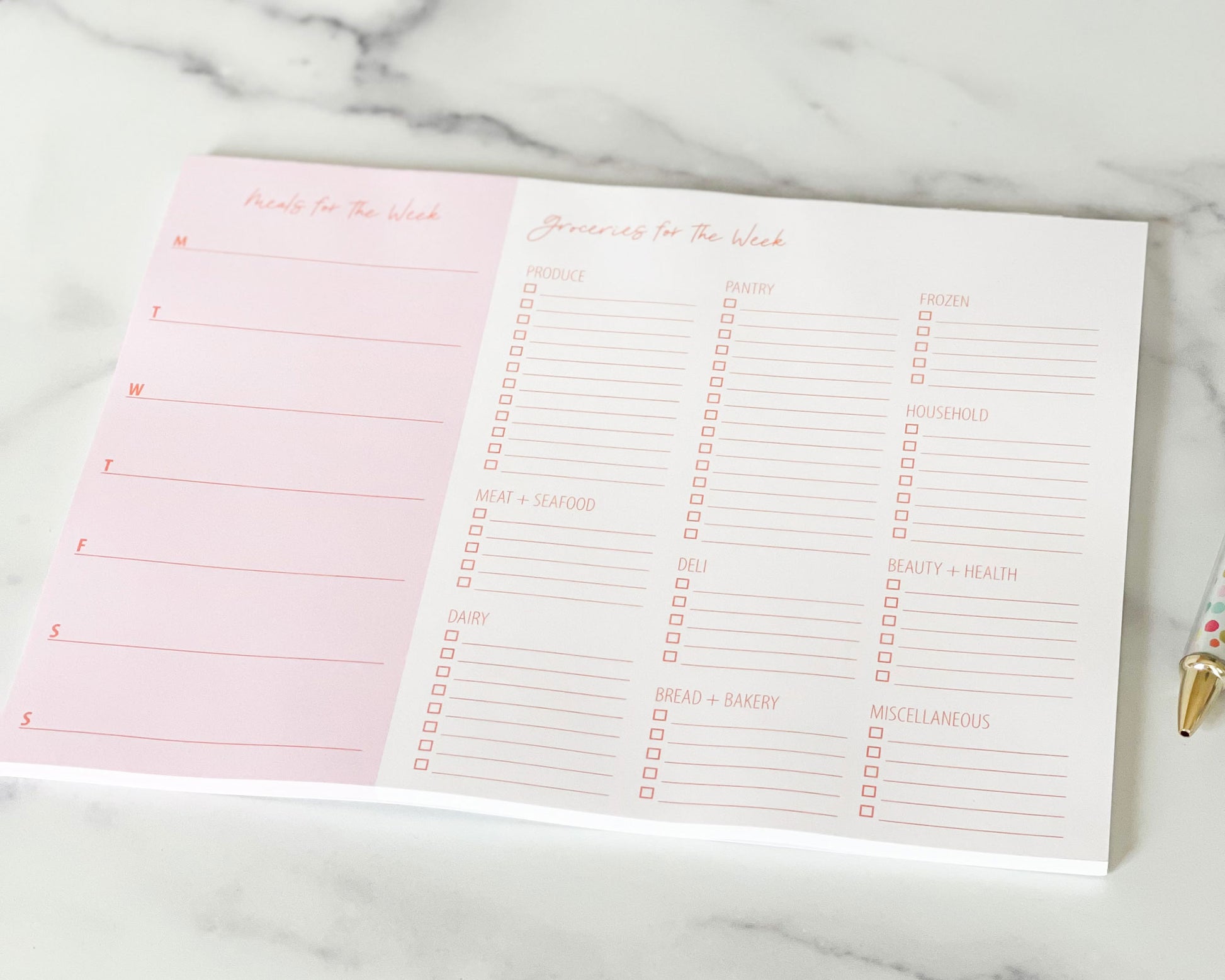 meal and grocery list notepad, meals for the week, groceries for the week planner, pink, Meredith Collie paper