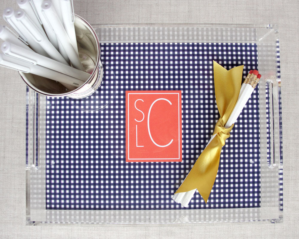 Monogrammed Lucite Tray with Handles in Gingham | Meredith Collie Paper