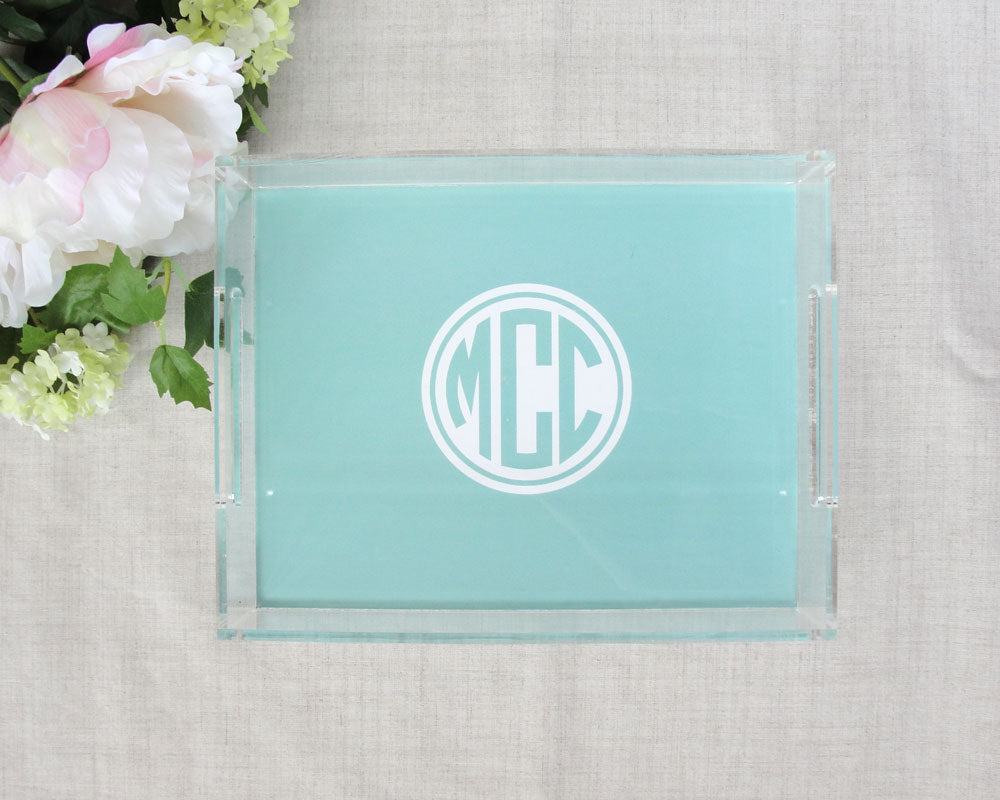 Monogram lucite tray, medium acrylic tray, 11 inches by 8.5 inches by 3 inches with handles, meredith collie paper