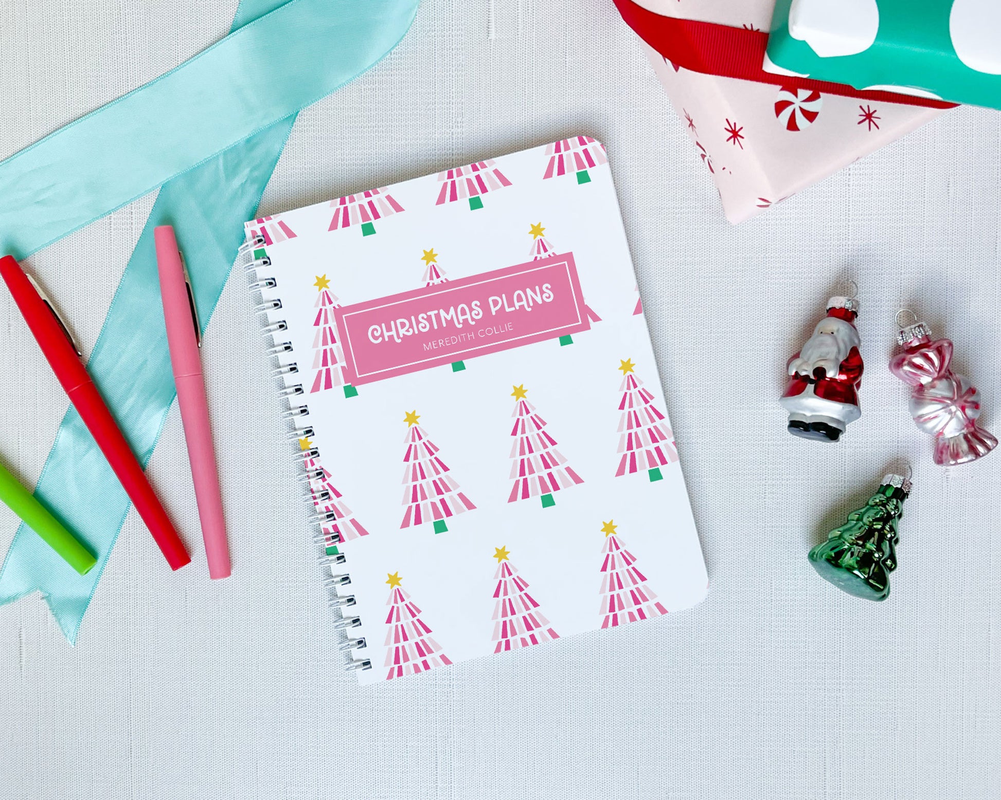 personalized christmas planner, peppermint tree, pink christmas tree, spiral notebook, meredith collie paper