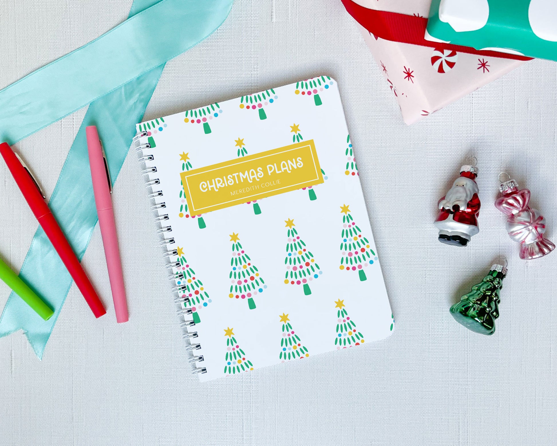 modern christmas tree pattern, personalized christmas spiral notebook, meredith collie paper, christmas planner