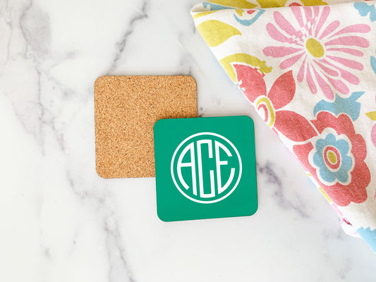 Monogram Cork Back Coasters, Set of two or four, circle monogram, Meredith Collie Paper