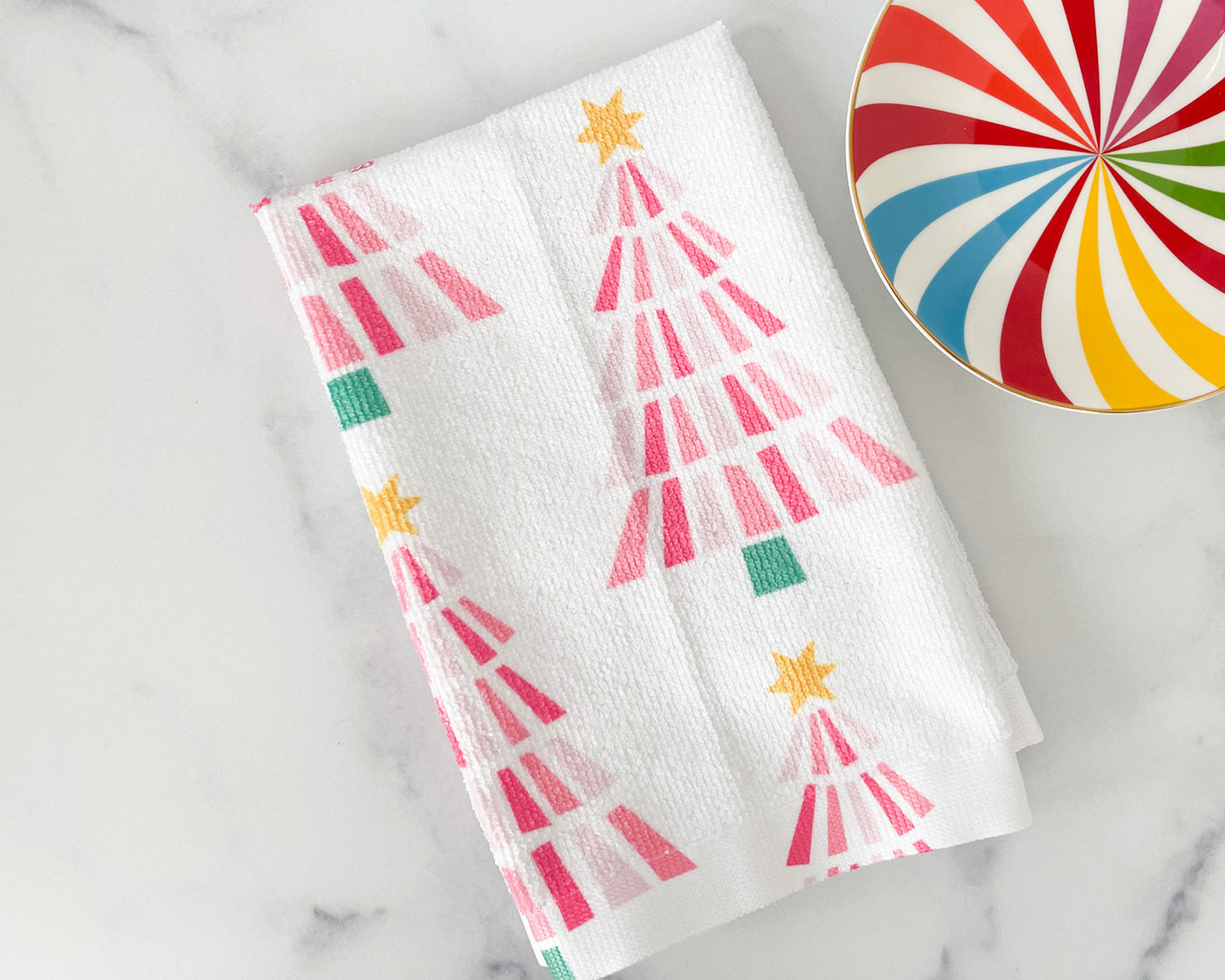 peppermint pink christmas tree, holiday hand towel, pink stripe tree, whimsical christmas decor, meredith collie paper