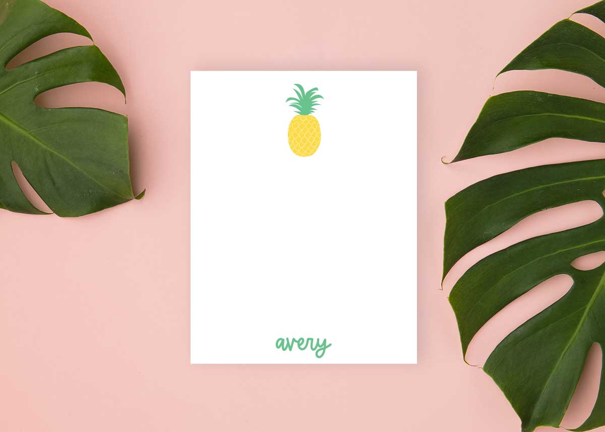 preppy pineapple illustration, personalized notepad, small notepad, for ladies, girls, teens tweens, Meredith Collie paper