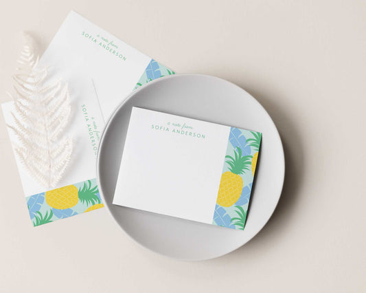 pineapple and banana leaves tropical pattern, personalized stationery, a note from, stationery for women, ladies note cards, aloha, beach inspired, Meredith Collie paper