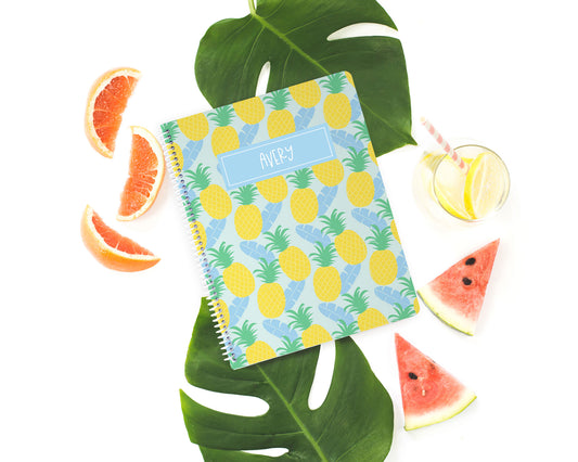 tropical pineapple and blue banana leaves pattern on light aqua background, personalized spiral notebook, sketchbook, mini notebook, mini sketchbook, Meredith Collie paper