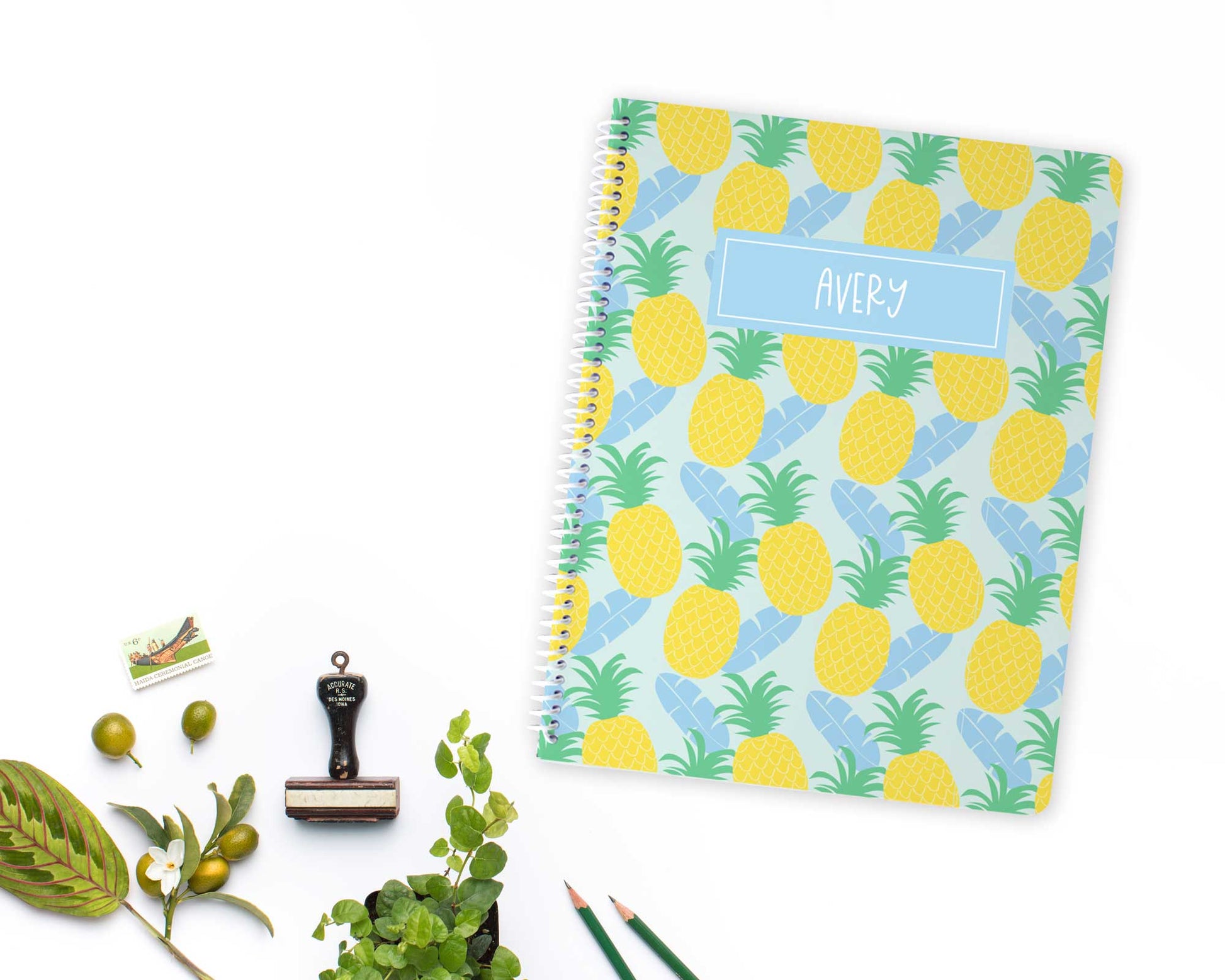tropical pattern, pineapple banana leaves pattern, personalized spiral notebook sketchbook, mini notebook mini sketchbook, Meredith Collie paper