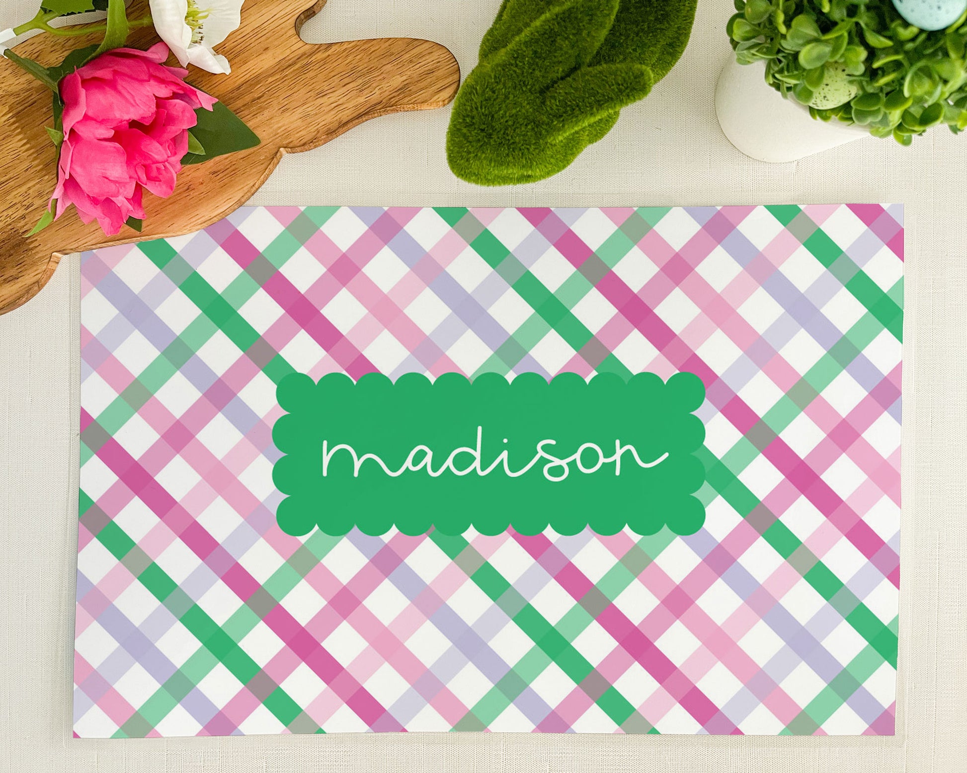 Pink Lavendar Green Spring Plaid, Personalized Placemat for Kids, Easter Placemat