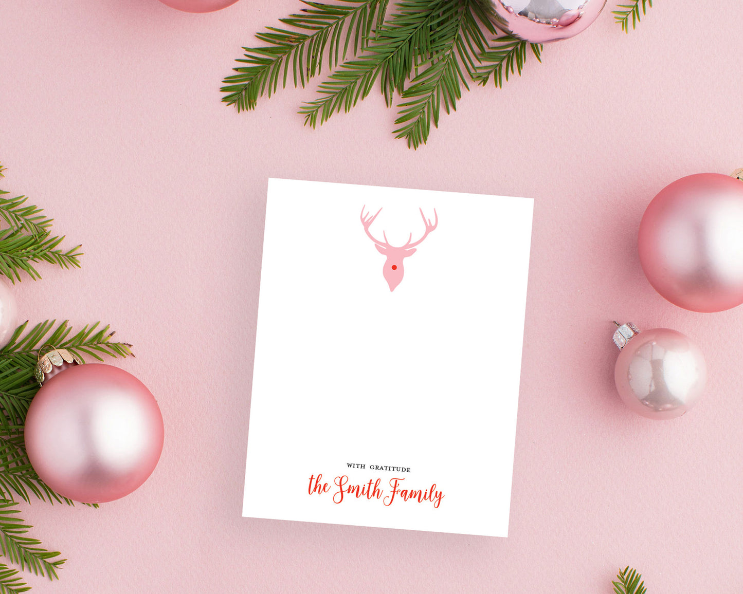 Personalized Pink Rudolph Reindeer Silhouette Holiday Thank You Notes