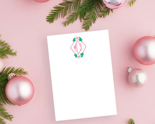 Diamond Christmas Poinsettia Holiday Monogram Flat Stationery