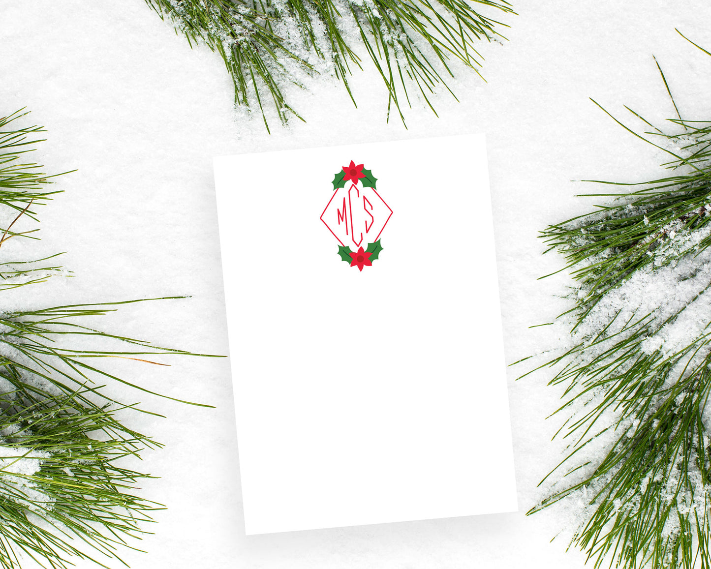 Diamond Christmas Poinsettia Holiday Monogram Flat Stationery