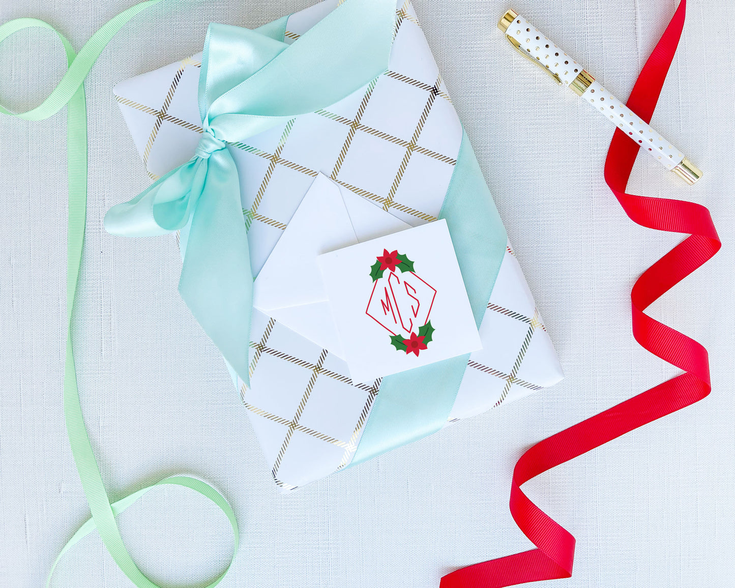 Diamond Christmas Poinsettia Holiday Monogram Folded Enclosure Cards