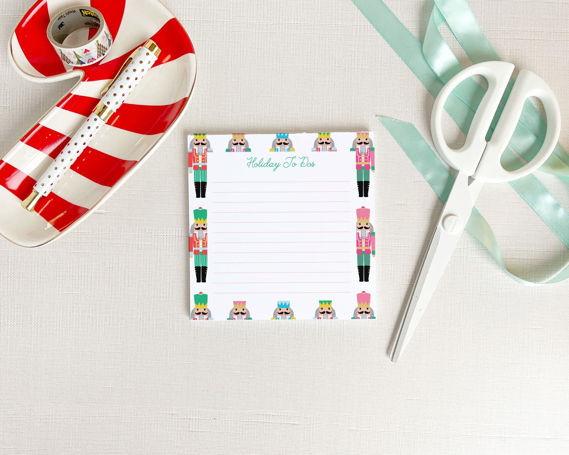 holiday to do list notepad, preppy nutcracker pattern, square notepad, shopping list, lined notepad, meredith collie paper