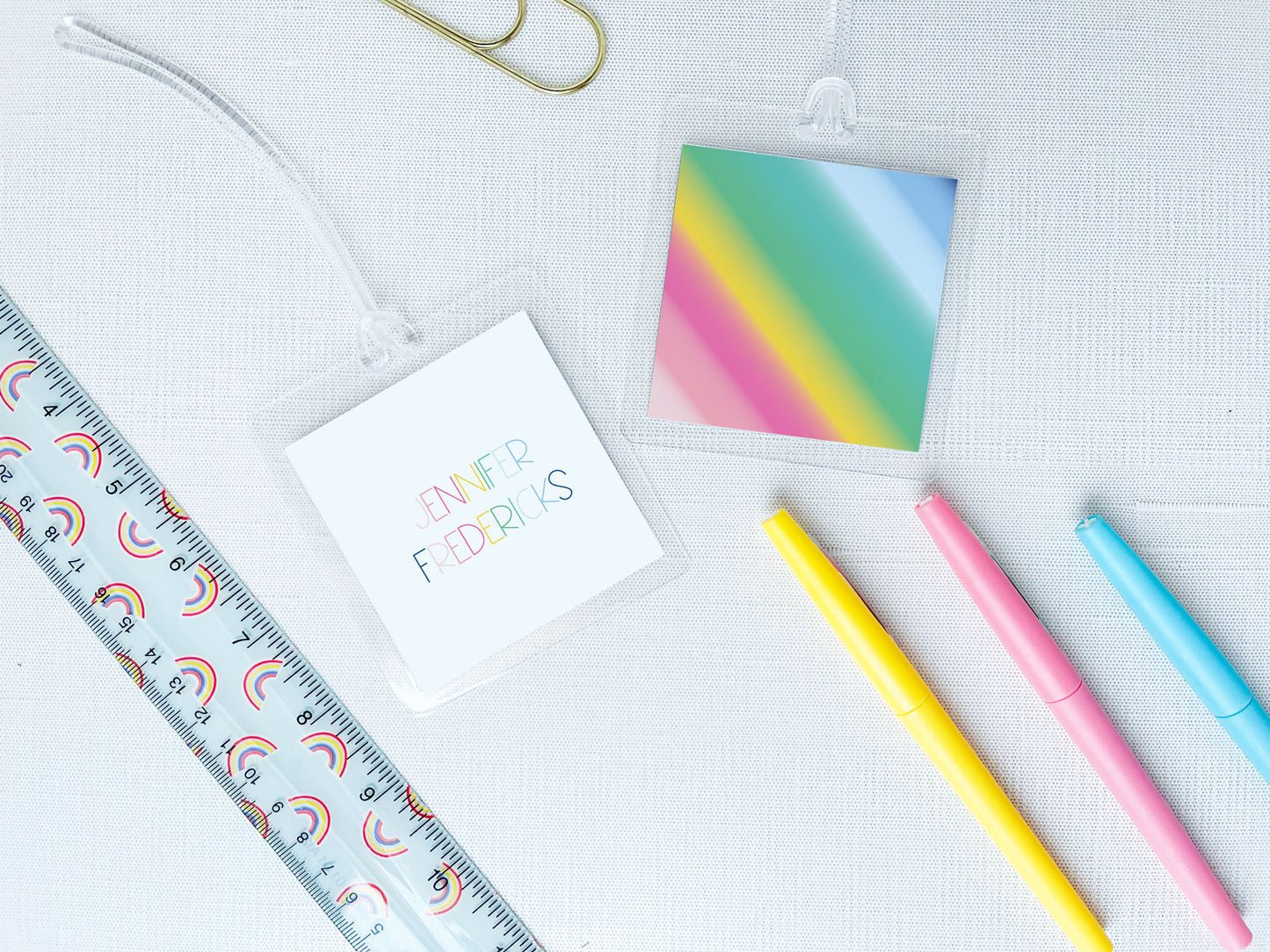 rainbow gradient bag tag, personalized laminated luggage tag, back back id tag, Meredith Collie paper