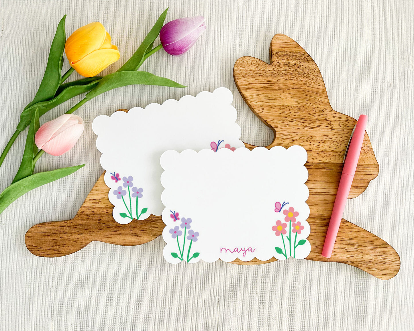 scallop edge spring garden stationery, personalized note cards, stationery set for kids, spring easter stationery
