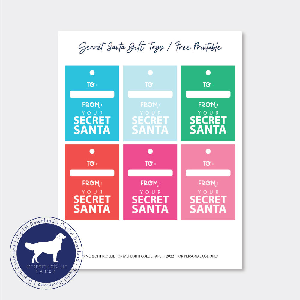 secret santa gift tags, free printable, pdf download, set of 6 multi colored hang tags, meredith collie paper