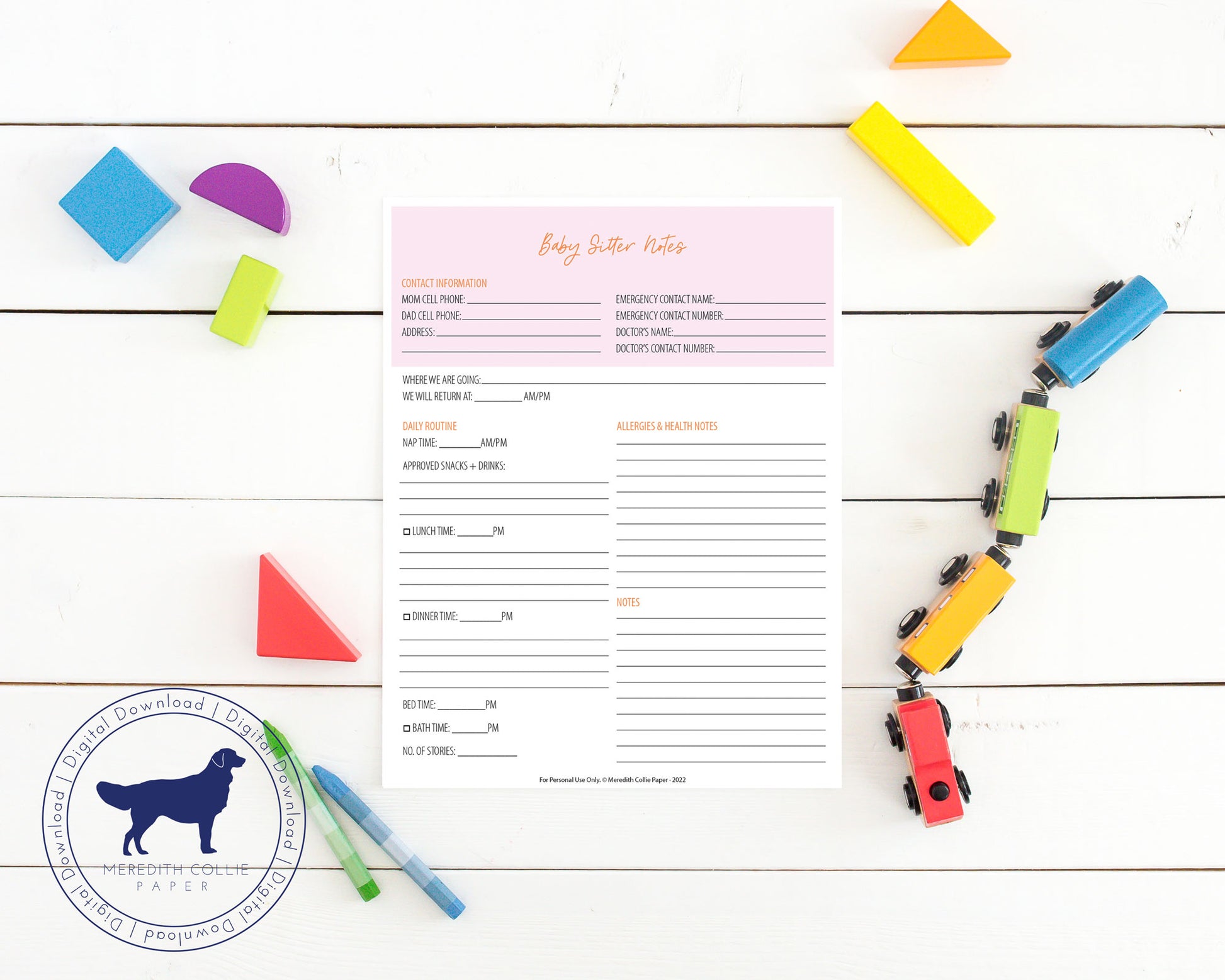 baby sitter notes digital download, pink, Meredith Collie paper