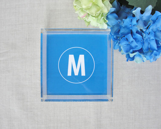 Monogram Square Lucite Tray | Meredith Collie Paper, 6 inches b 6 inches by 2 inches