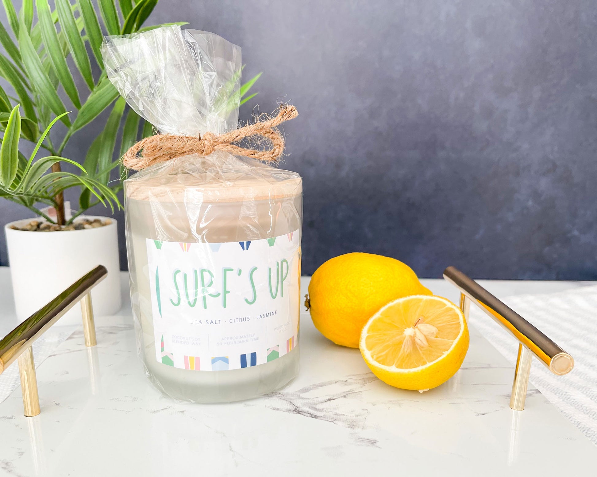 surfs up candle, sea salt citrus jasmine, coconut soy wax candle, frosted glass jar with wood lid, wood wick, preppy surfboard pattern, aloha collection, island inspired, Meredith Collie paper