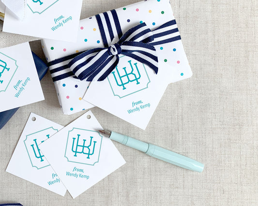 Two Color Greek Monogram Square Gift Tag