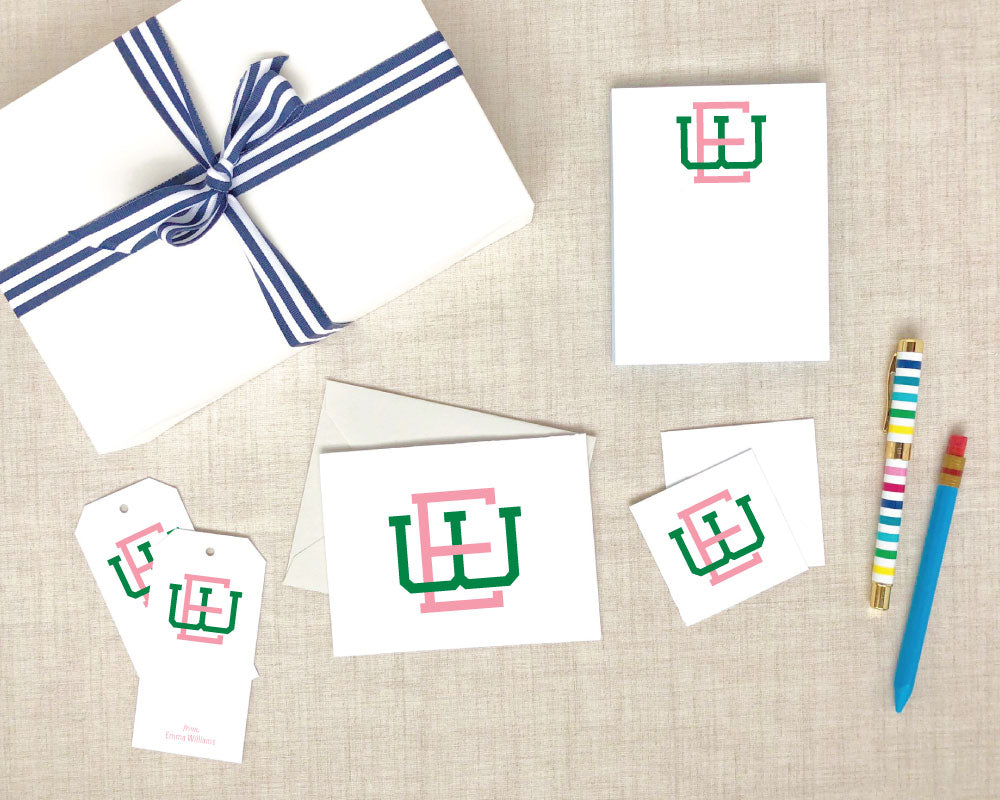 Two Color Interlocking Monogram Folded Stationery Gift Set